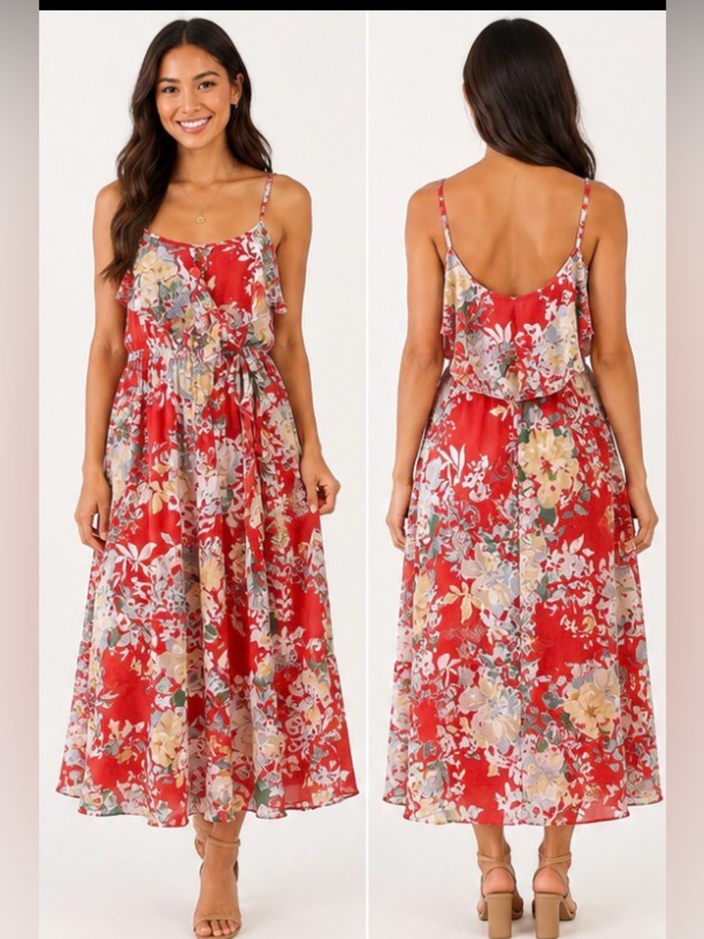 Boho Floral Ruffle Midi Dress M Red summer wedding vacation cocktail bridal